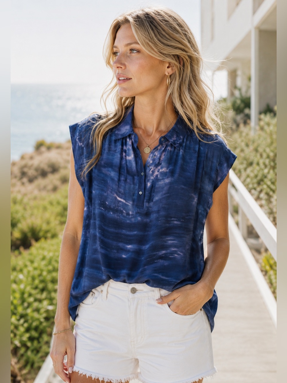 Tina Jo Anthropologie Tie Dye Top Medium Blue Rayon Blouse